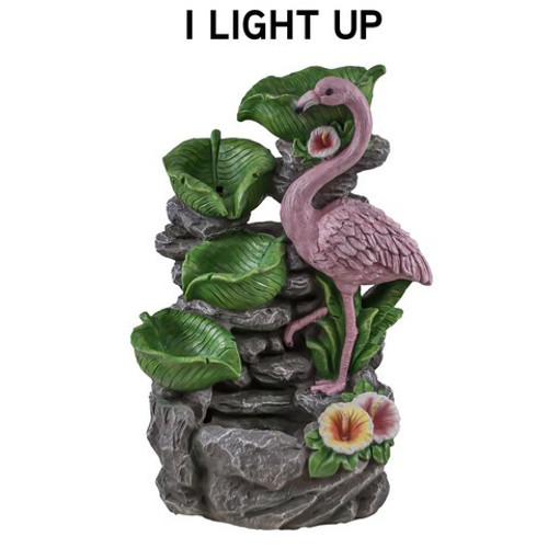 Fancy That Pink Flamingo Flower Leaves and Rocks Tropical LED Light Up 5 Tier Water Fountain
