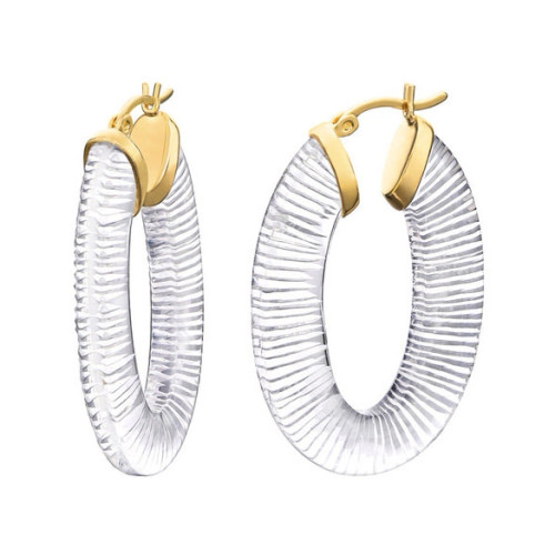 Gold & Honey Clear Lucite Diamond Cut Long Oval Hoop Earrings