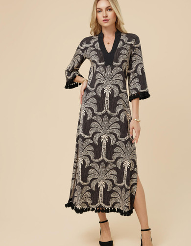 Spartina 449 Palms Black Breana Midi Tassel Fringed Dress