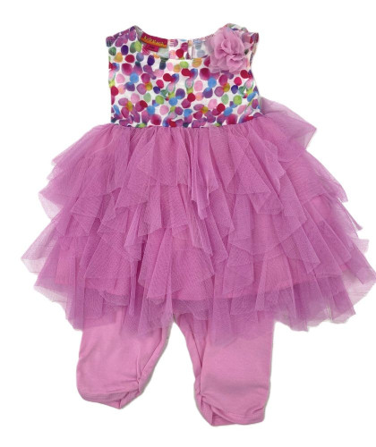 Kate Mack Bright Pink Color Dot Bodice Tulle Layered Dress Leggings Set Infant Girl's