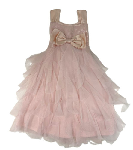 Pretty Biscotti Pink Satin Bow Sequin Bodice Layered Tulle Girl's Party Dress