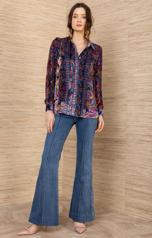 Hale Bob Multi-Color Purple Burnout Velvet Long Sleeve Blouse Top