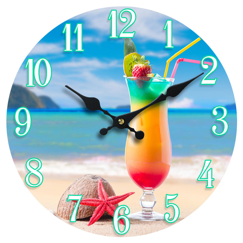 Sea Creations Tropical Cocktail Beach Scene Glass Wall Clock