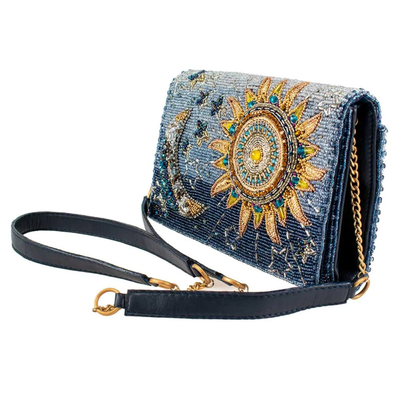 Mary Frances Denim Sunflower Beaded Floral Crossbody Clutch Handbag Blue Bag New
