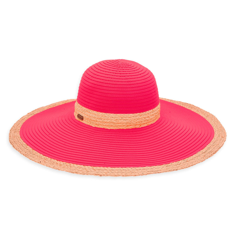 Sun N Sand Raffia Trim Large Brimmed Hat Neon - Beach House Gift Boutique