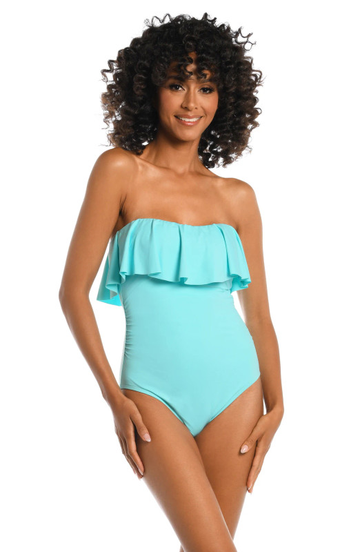 La Blanca Island Goddess Seafoam Ice Blue Ruffled Bandeau One