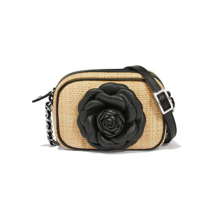 Brighton Rosie Black 3D Flower Straw Camera Bag Crossbody Purse