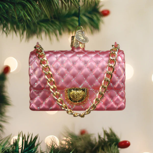 Old World Christmas Pink Quilted Purse Glass Tree Ornament - Beach