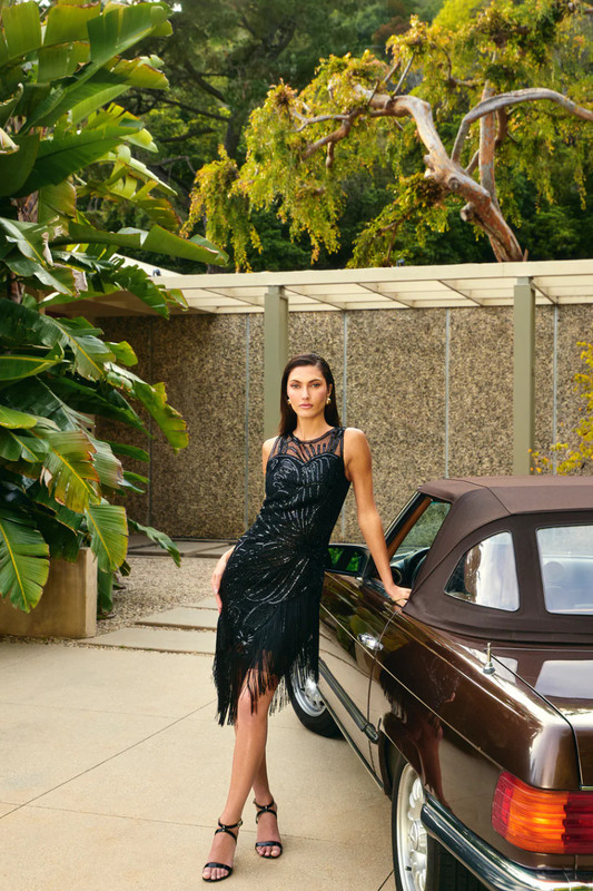 black sequin fringe dress Jovani 42307