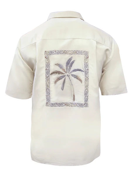 Weekender Framed Palm Tree Embroidered Men's Ivory Shirt - Beach