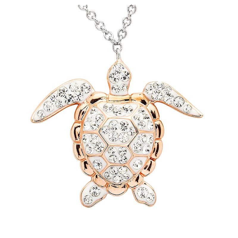 Ocean Jewelry Crystal Turtle Pendant With Pearl Dangle Silver & Rose Gold Necklace