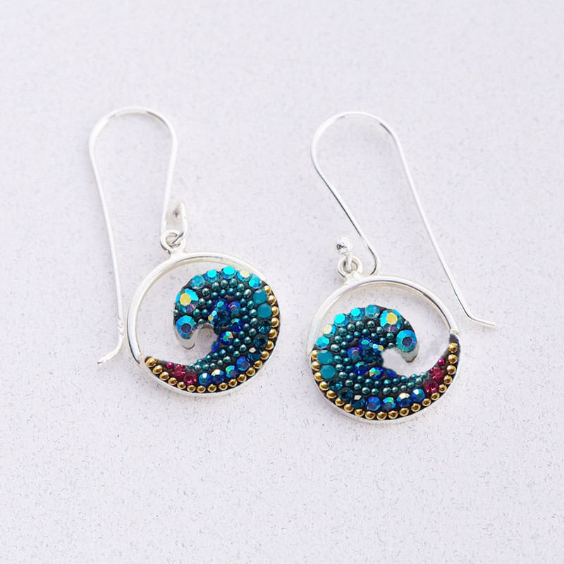 Mosaico Jewelry Ocean Wave Crystal Silver Dangle Earrings