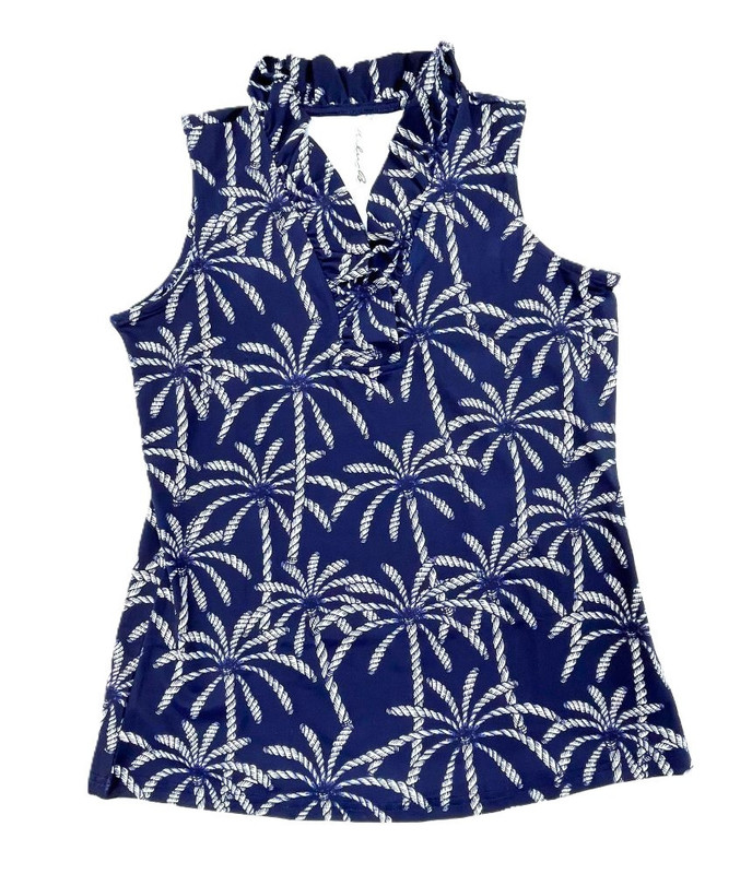 Lulu-B Rope Palm Tree Print Ruffle V-Neckline Sleeveless Navy Tank Top