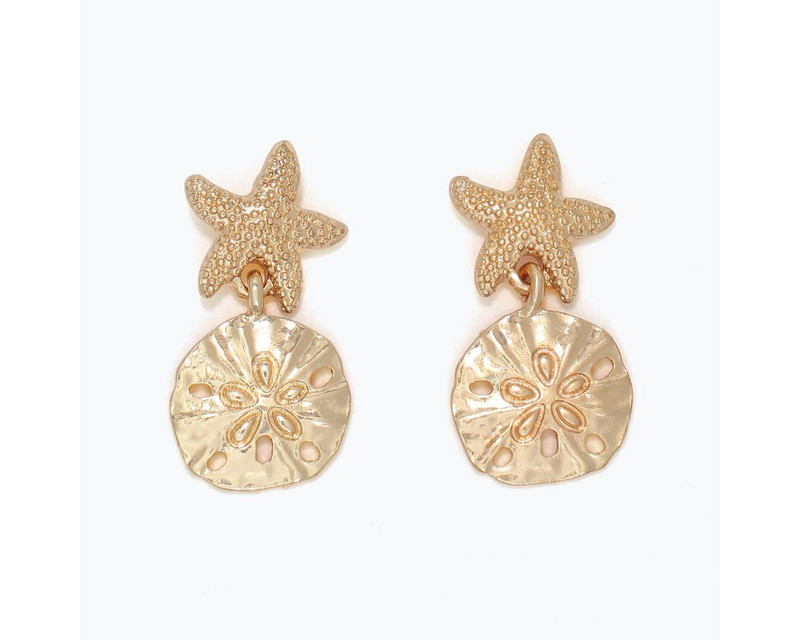 Periwinkle Sand Dollar Drop Starfish Posts Gold Earrings