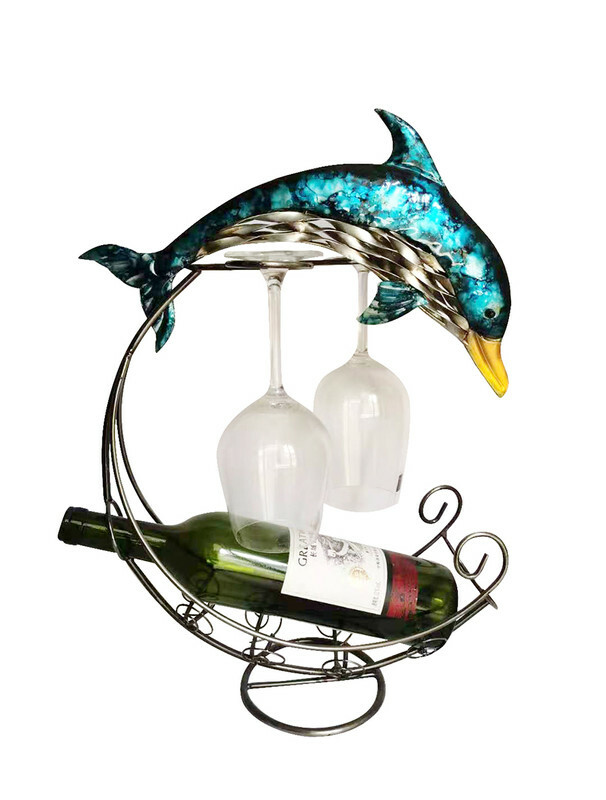 blue metal dolphin wine bottle and glasses holder