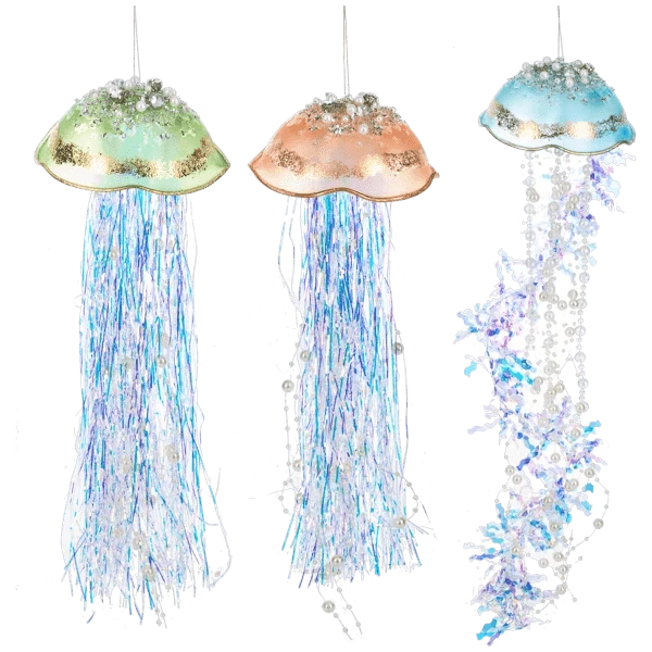glass jellyfish ornaments with tinsel tentacles