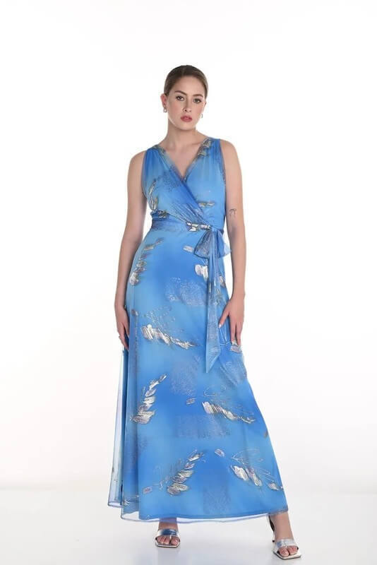 a woman in a blue maxi dress