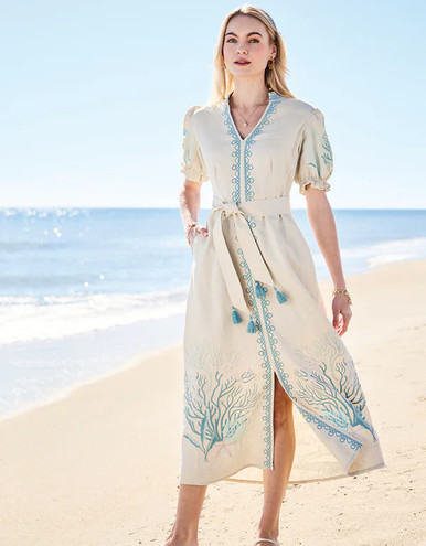 Spartina 449 Marilyn Linen Flax Embroidered Sea Coral Midi Dress