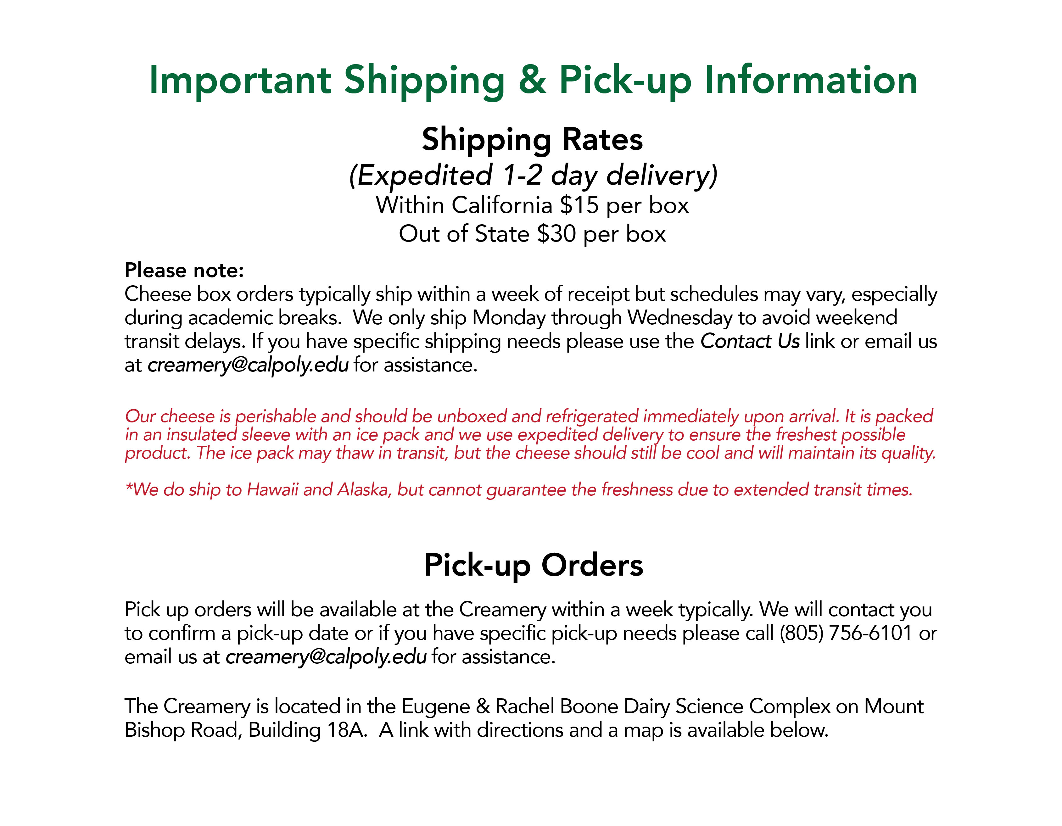 Shipping and Pickup Information