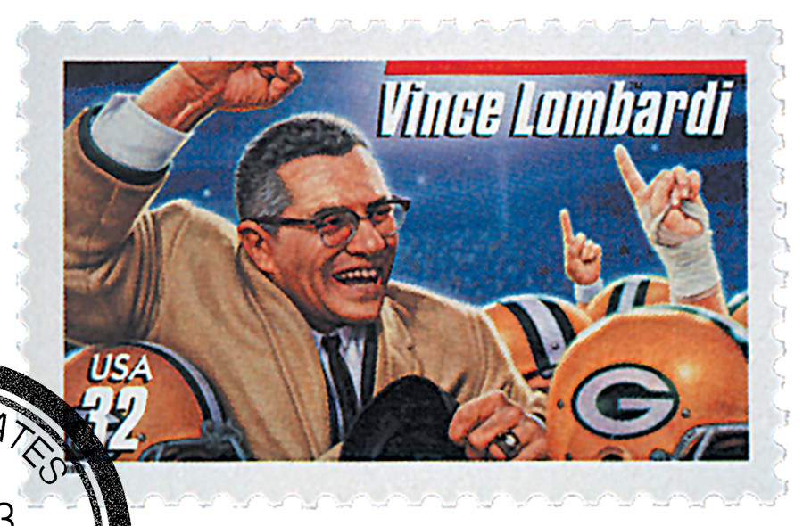 3147 - 1997 32c Football Coaches: Vince Lombardi, Red Bar - Mystic