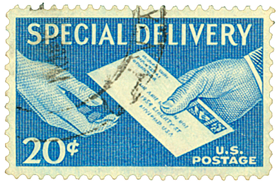 E20 - 1954 20c Special Delivery, Hand to Hand, Deep Blue - Mystic