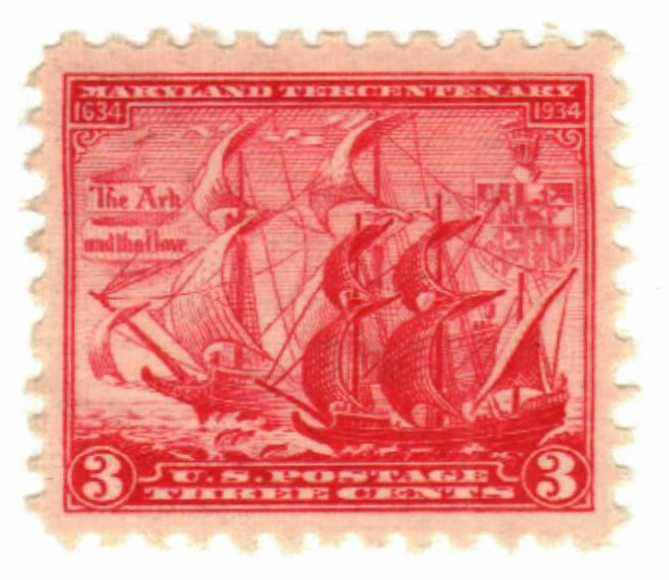 736 - 1934 3c Maryland Tercentenary, Carmine Rose - Mystic Stamp