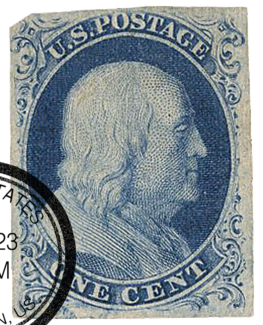8A - 1851 1c Franklin, Blue, Type IIIa, Imperf. - Mystic Stamp Company