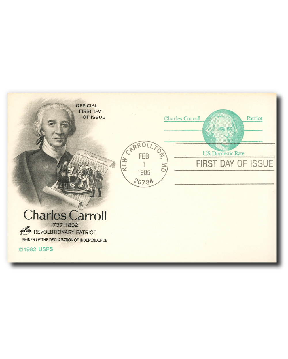UY35 - 1985 14c Postal Card, Charles Carroll, Blue Green - Mystic