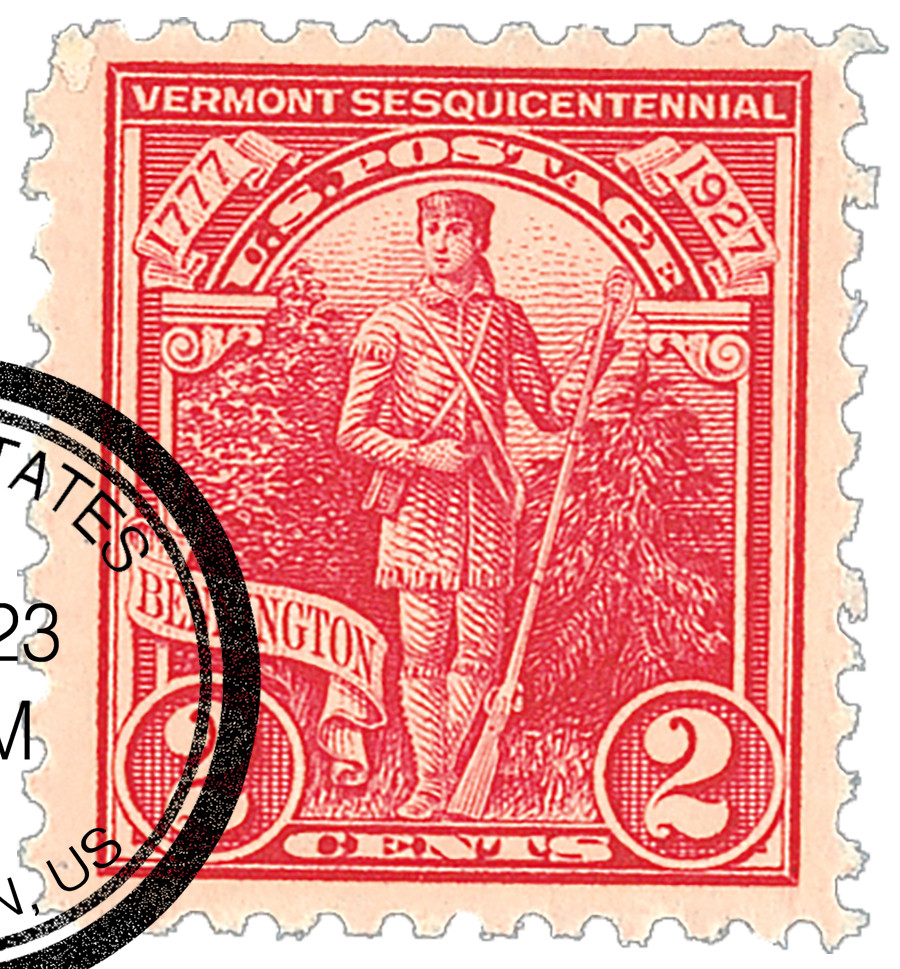 643 - 1927 2c Vermont Sesquicentennial, Carmine Rose - Mystic