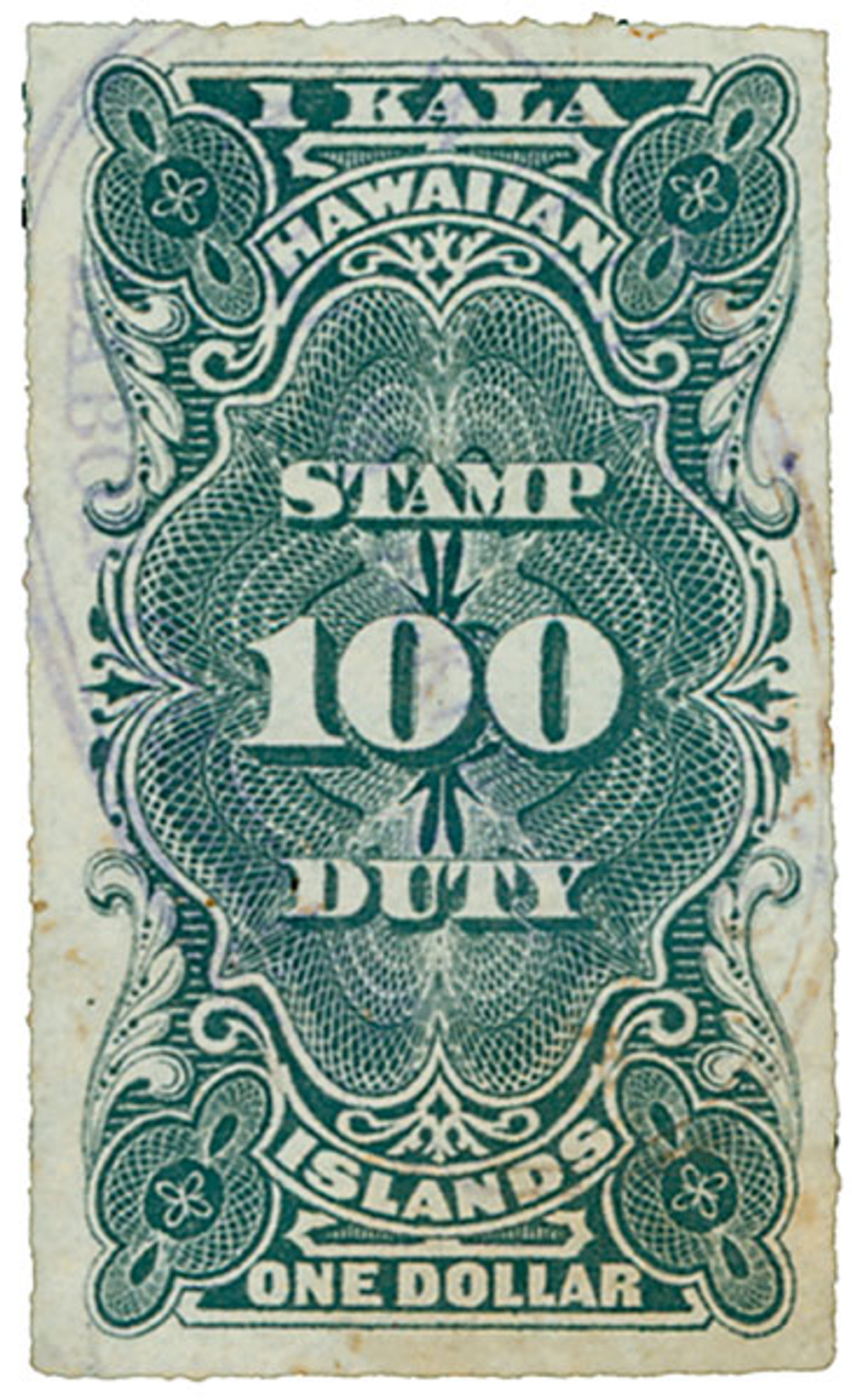 HR3 - 1877 $1 Hawaii Revenue Stamp, black, engraved