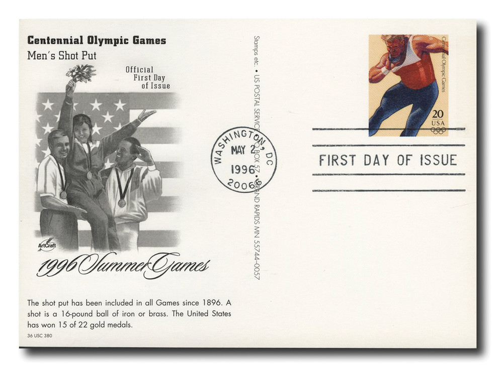 UX248 - 1996 20c Summer Olympics, Men's Shot Put, First Day Issue
