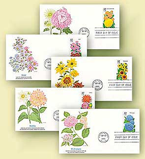 「claireSowdenクレアソヴデン亅ハート刺繍額入セットサイン入 2993-97 - 1995 32c Fall Garden Flowers - Mystic Stamp Company