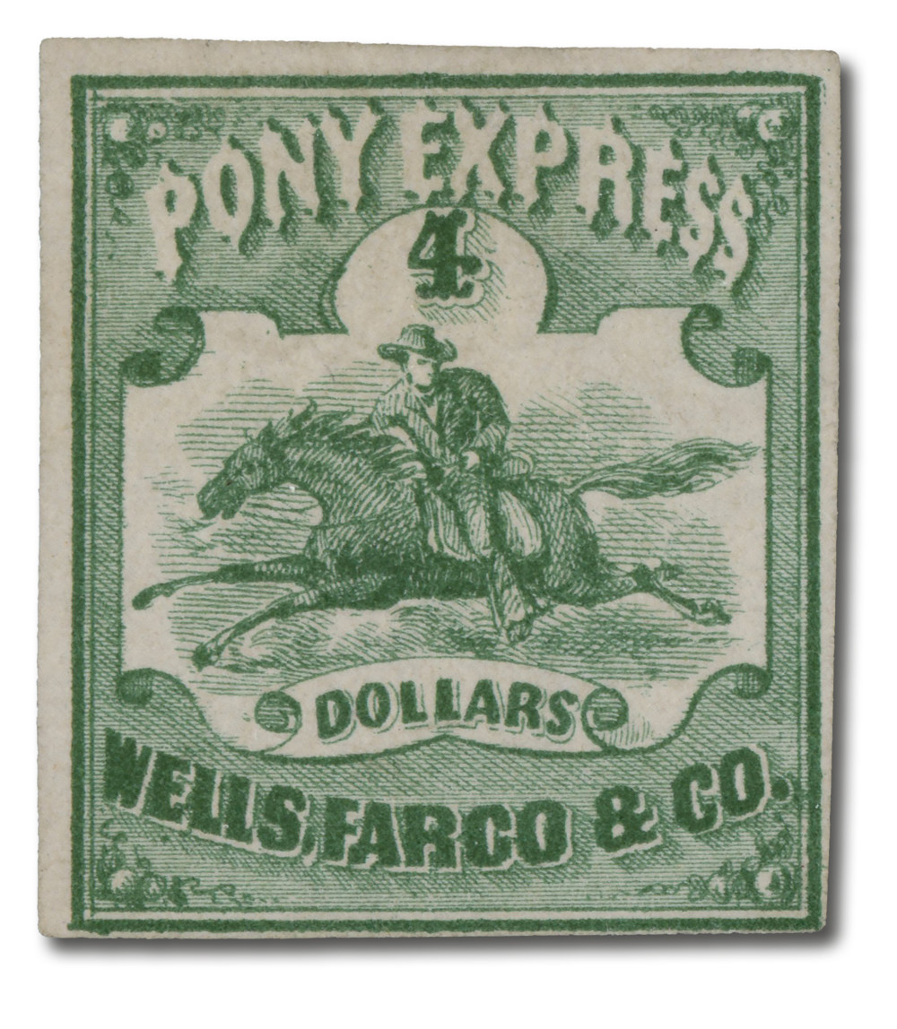 143L2 - 1861 $4 Wells Fargo Pony Express, Green on White Paper