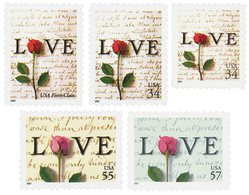 3496//3551 - 2001 34-57c Rose & Love Letter, Set of 5 Stamps