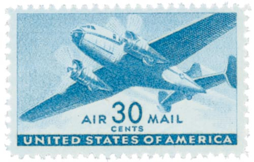 C30 - 1941 30c Twin-Motored Transport Plane, Blue - Mystic Stamp