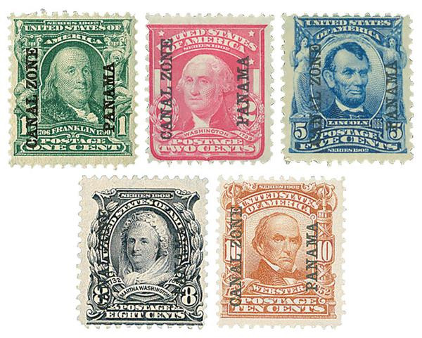 CZ4-8 - 1904 Canal Zone Overprints Reading Up, Complete Set of 5