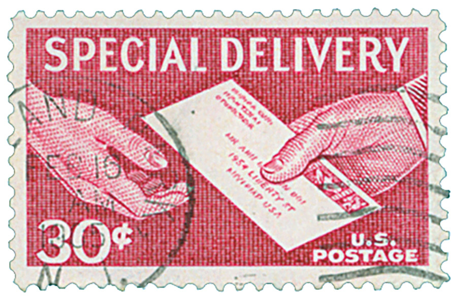E21 - 1957 30c Special Delivery, Hand to Hand, Lake - Mystic Stamp