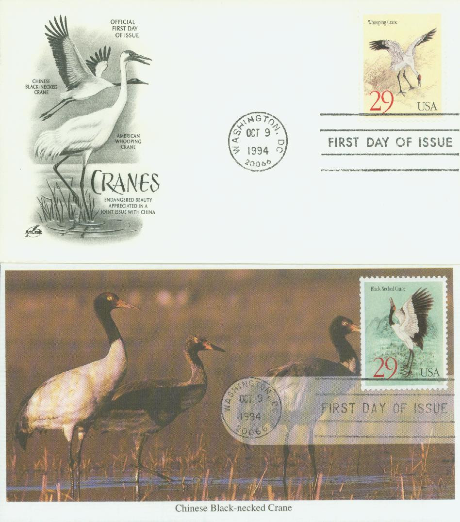 2867-68 - 1994 29c Black-Necked Crane & Whooping Crane - Mystic