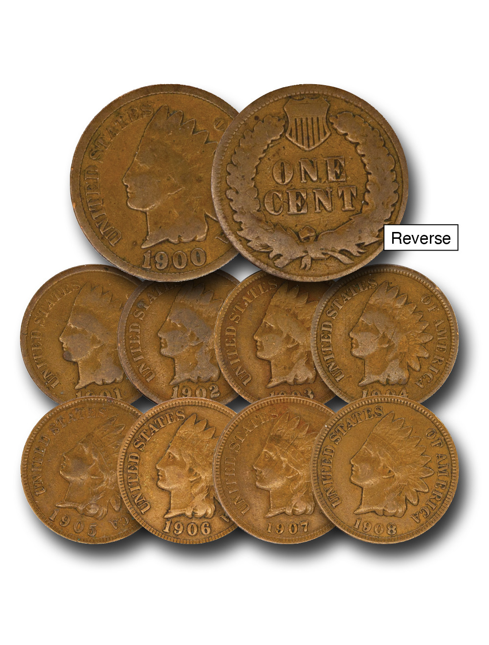 ガンジー様 MCN106 - Indian Head Pennies, 1900-09, G-VG, Set of 9 - Mystic
