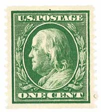 387 - 1910 1c Franklin, Green, Single Line Watermark, Perf. 12