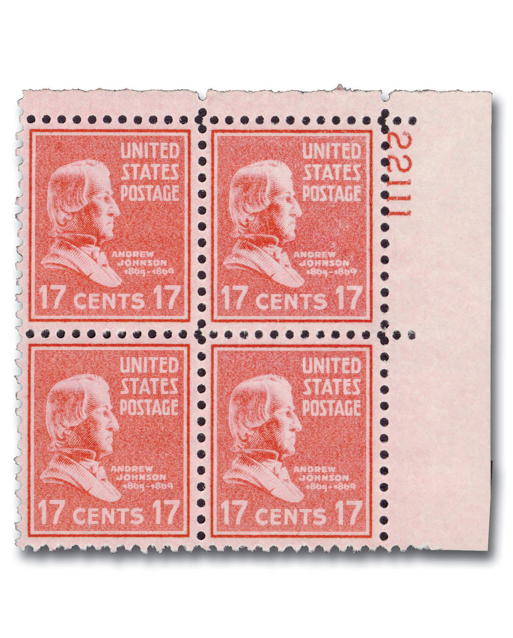 切手。USA 37セント。 822 - 1938 17c Andrew Johnson, Rose Red - Mystic Stamp Company