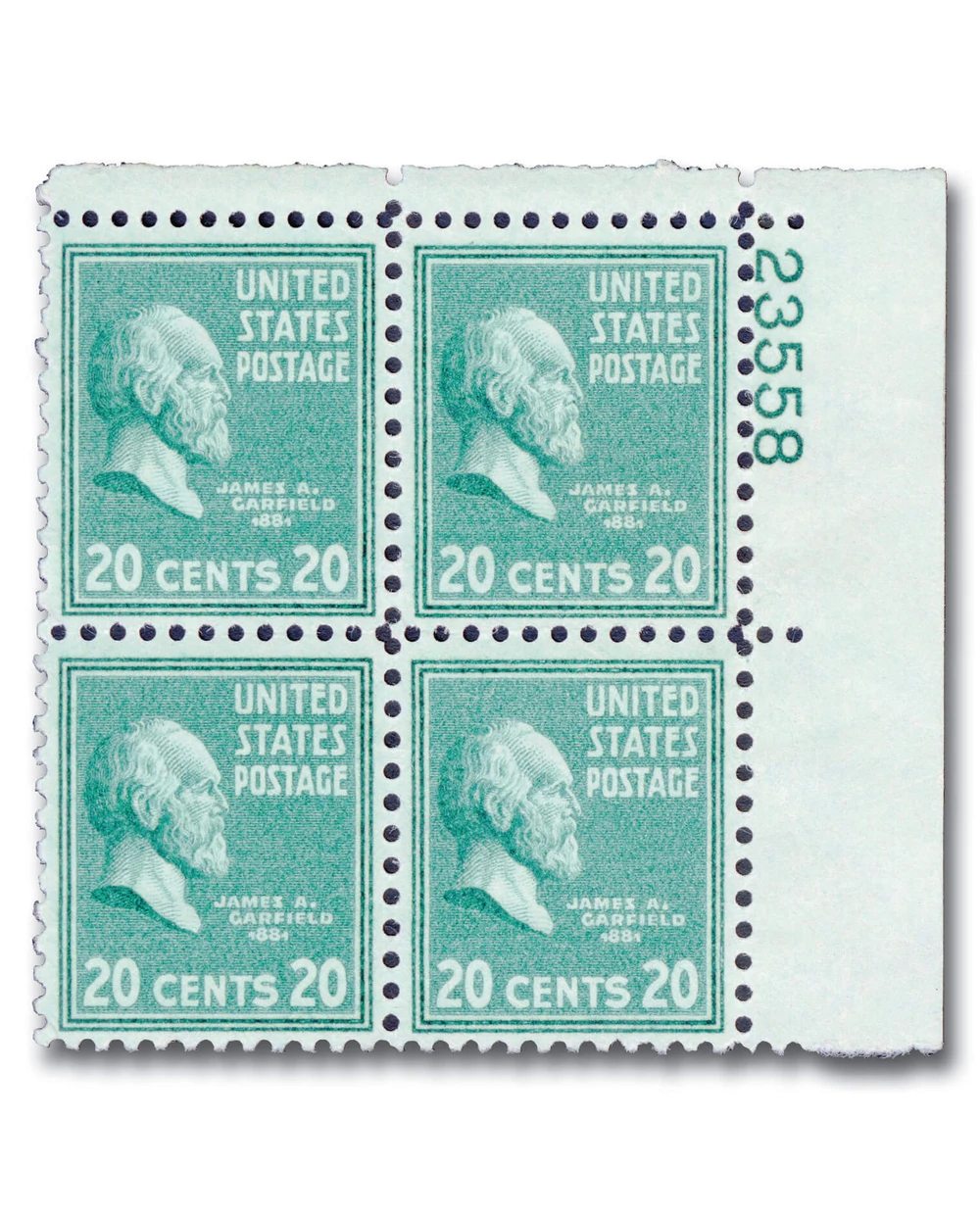 825 - 1938 20c James A. Garfield, Bright Blue Green - Mystic Stamp