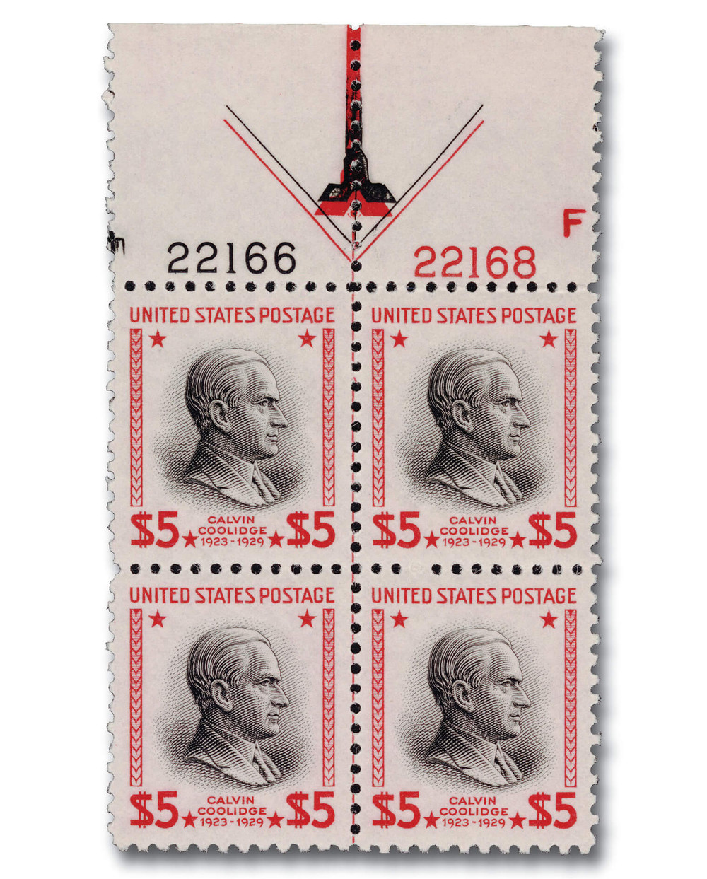 レッドチップ錦  抜き苗  微斑【特定記録付】 834 - 1938 $5 Calvin Coolidge, Carmine & Black - Mystic Stamp Company