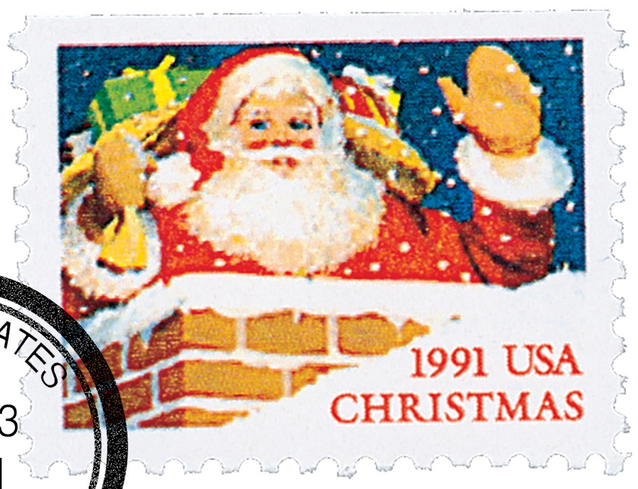 2580 - 1991 29c Santa in Chimney, Booklet Single - Mystic Stamp