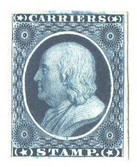 LO1P4 - 1851 1c Carriers Stamp, Franklin, Blue, Plate Proof on