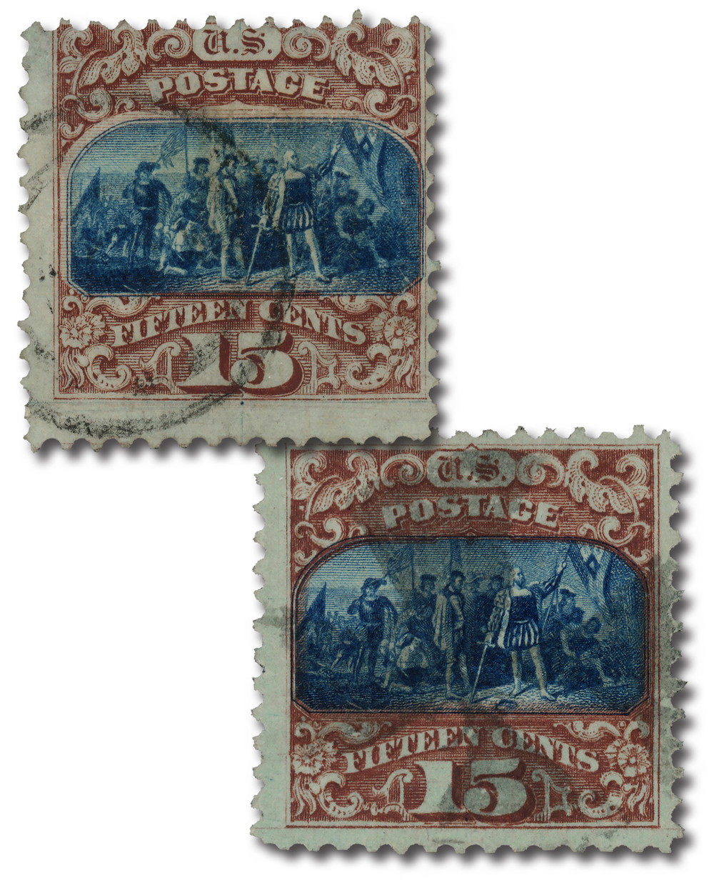 118-19 - 1869 15c Landing of Columbus, Brown and Blue, Hard Wove