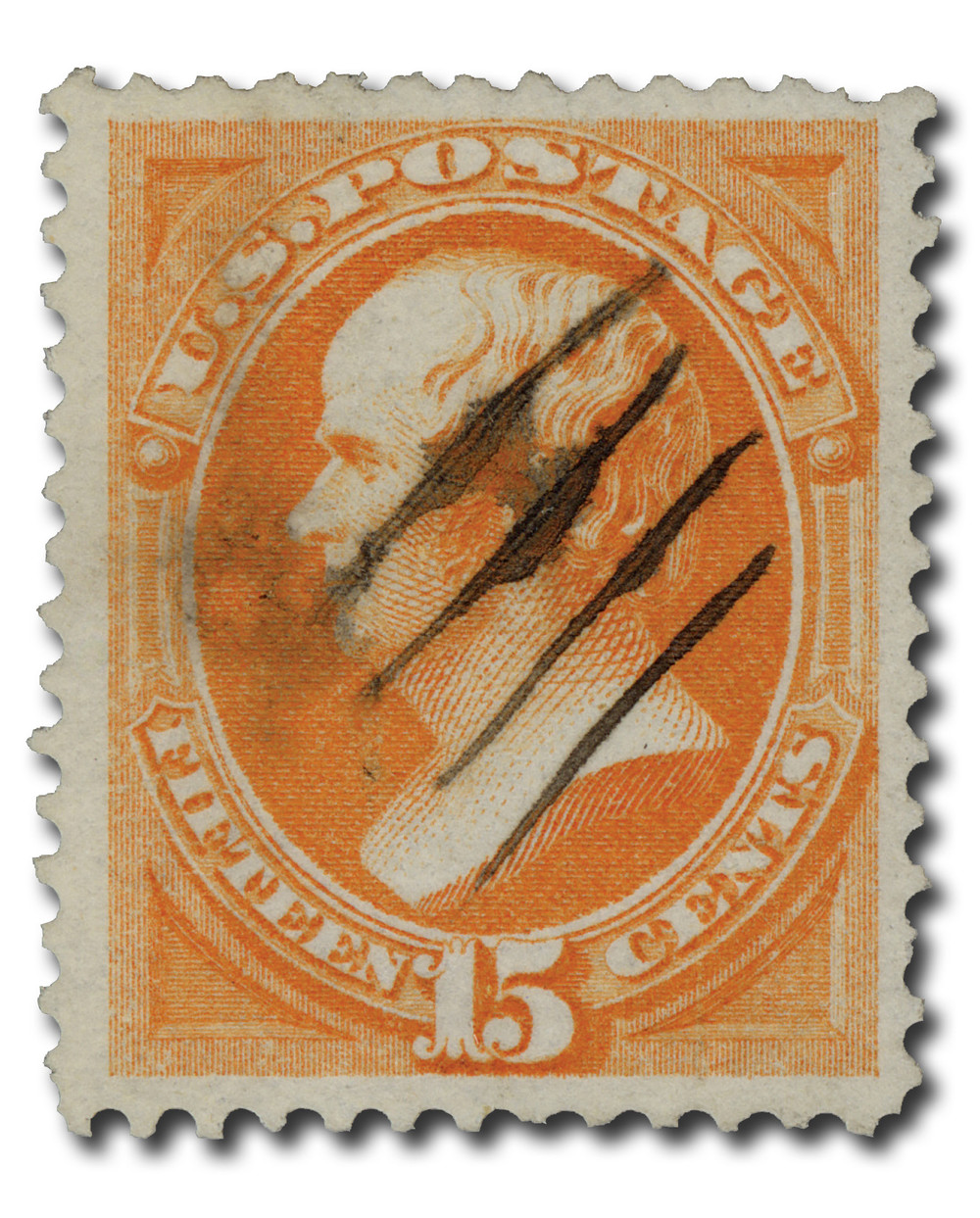 141 - 1870 15c Daniel Webster, Orange, Hard Paper, H Grill, Perf