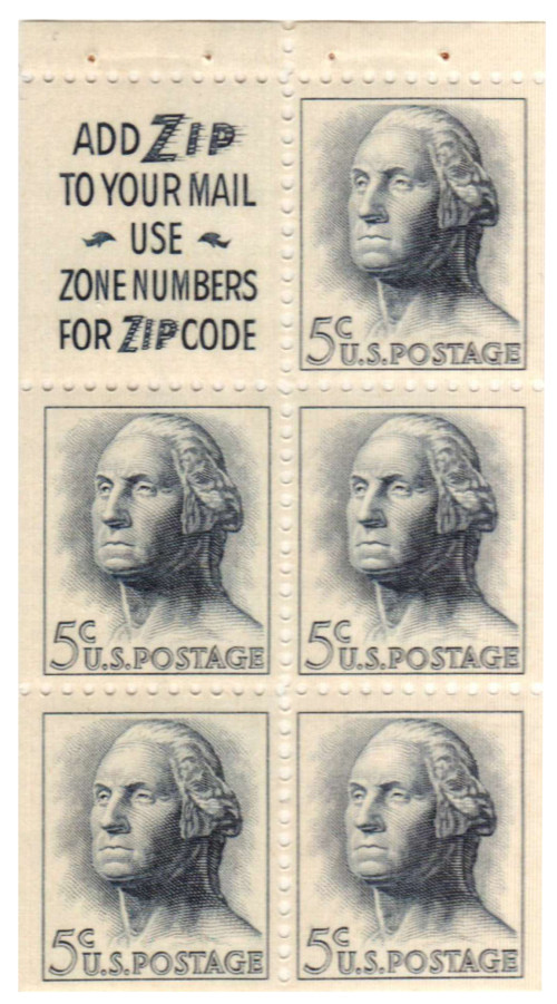 1213a - 1962 5c George Washington, Booklet pane of 5 plus Label