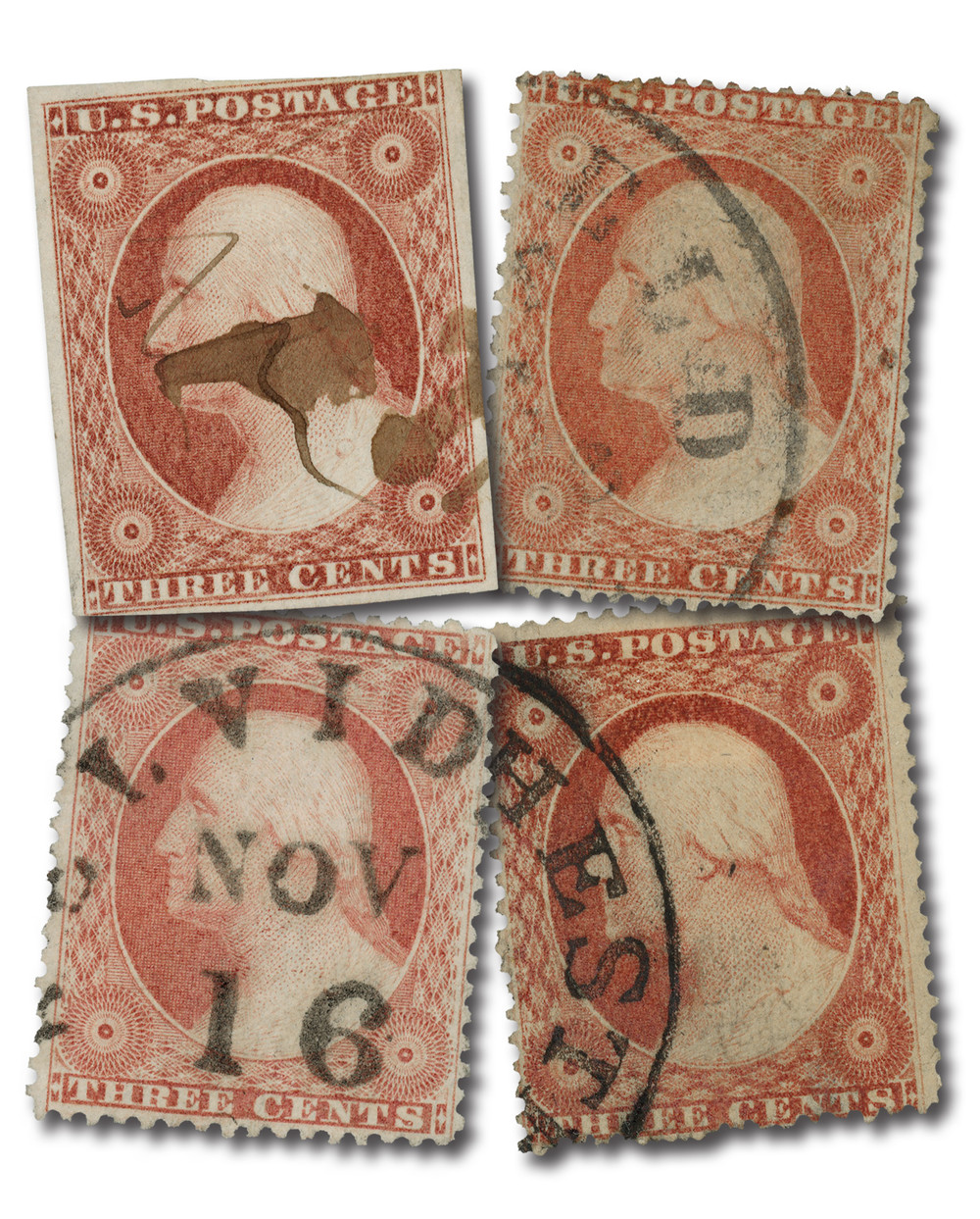 11A//26A - 1851 3c Washington, Types I-IV, 4 Stamps - Mystic Stamp