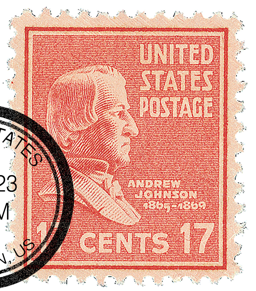 822 - 1938 17c Andrew Johnson, Rose Red - Mystic Stamp Company